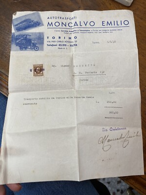 Brief Für Die Ruhe Der Autotransporte Moncalvi Emilio Torino 1938 99
