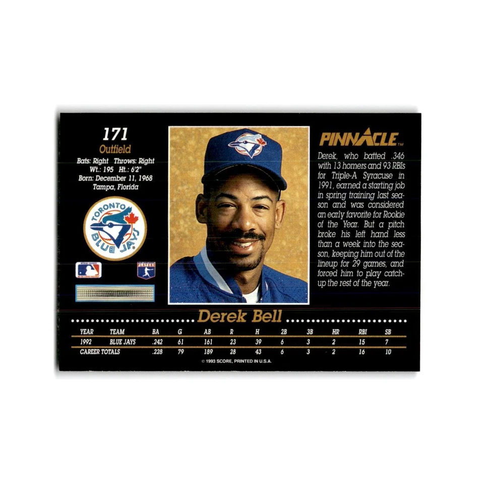 Derek Bell 1993 Pinnacle #171 Toronto Blue Jays Baseball Card NM - Image 2 of 3