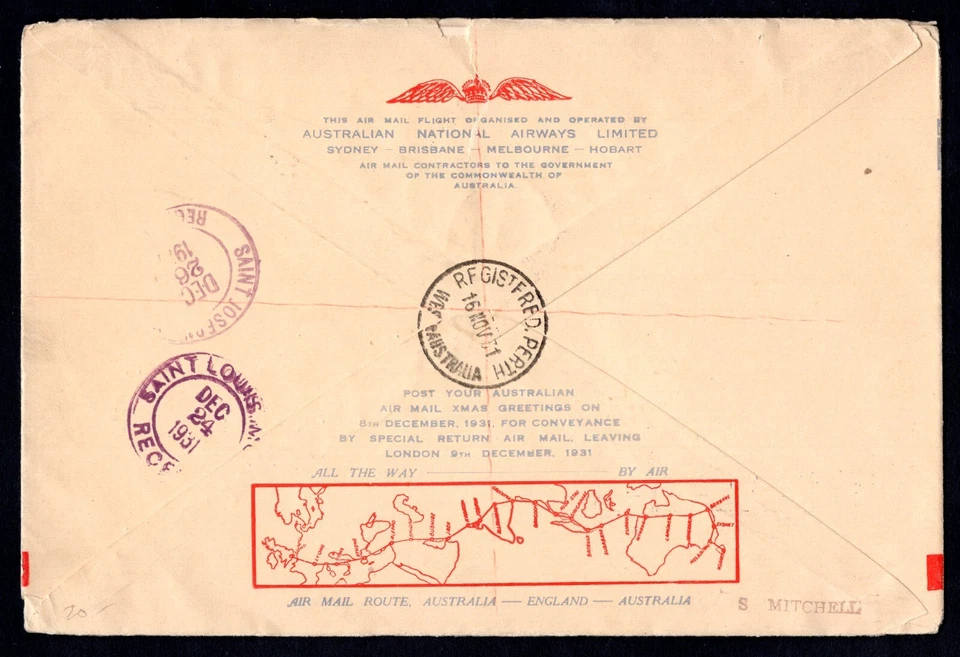 AUSTRALIA TO U.S. VIA LONDON SPECIAL AIR MAIL FLIGHT REGISTERED - image 2 of 2