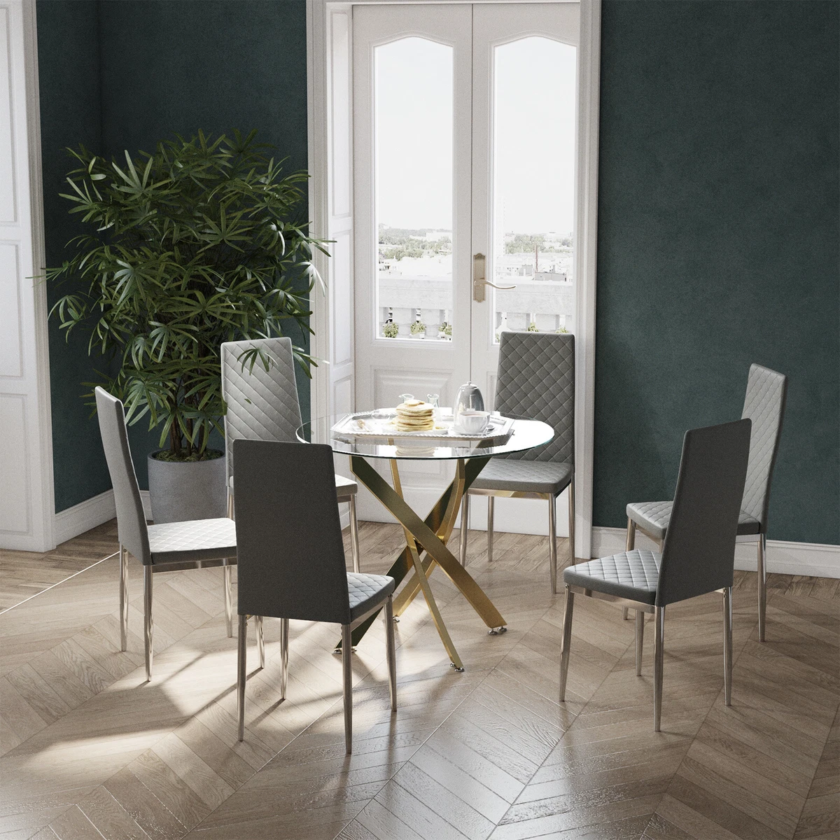 Round Circle Glass Top Kitchen Table Compact PU Chairs Padded Seat