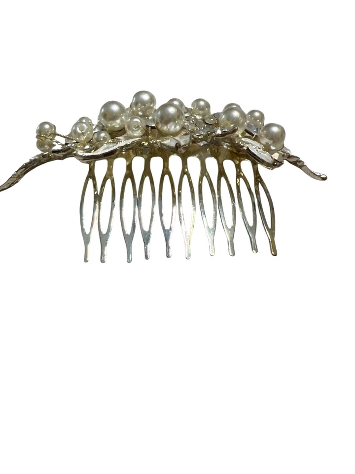 Peine de pelo de novia tono dorado perlas de imitación pedrería diseño de hojas concurso graduación 4" Foto 4 de 4
