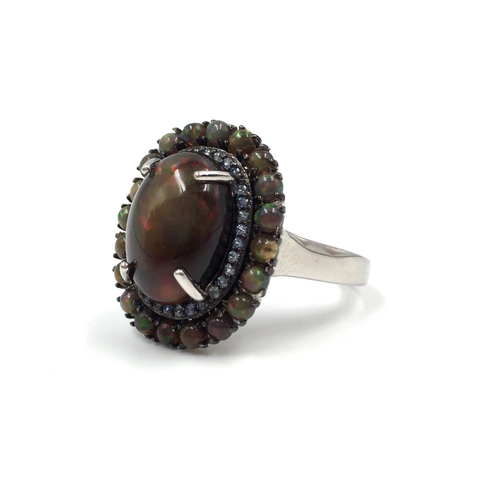 Anello in argento sterling 925 opale nero 5,13 ct opale pieno topazio blu... - Immagine 4 di 4