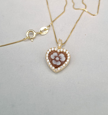 Damen Halskette 925 Silber Herz Kamee Collier Kamee Blume Made in Italy