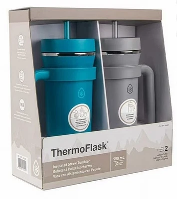 ThermoFlask 32oz 2 pack - Insulated Stainless Steel Tumbler with Straw & Handle