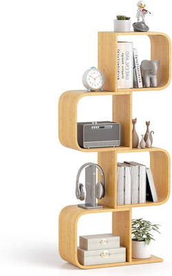 S-Shaped 4-Tier Bamboo Bookcase - Stylish Corner Display & Storage Shelf