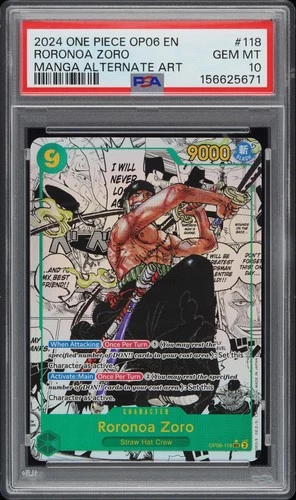 ONE PIECE RORONOA ZORO 2024 OP06-WINGS OF THE CAPTAIN #118 MNG ALT ART PSA 10