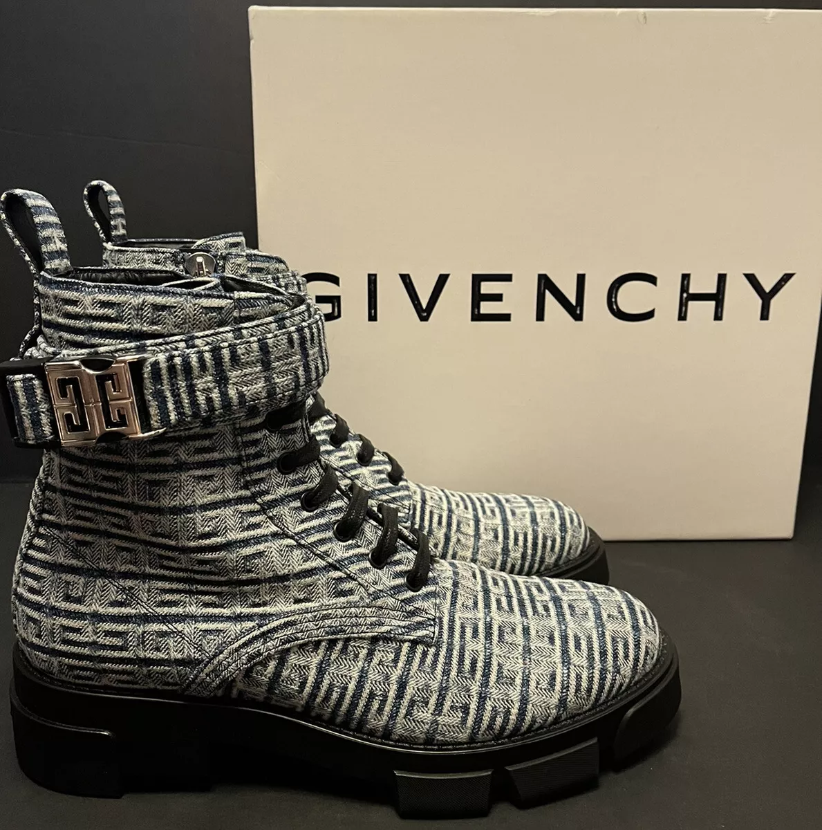 Givenchy Terra Ankle Boots Denim Blue Logo Jacquard Fabric Lug Sole NIB  Size 42