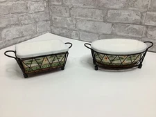 Lot of 2 Temptations Old World Green Small Baking Dishes Oval Rectangular Rack