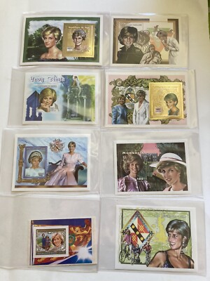 Int'l Collectors Soc. Princess Diana stamps 8 smaller pcs. in plastic With COA