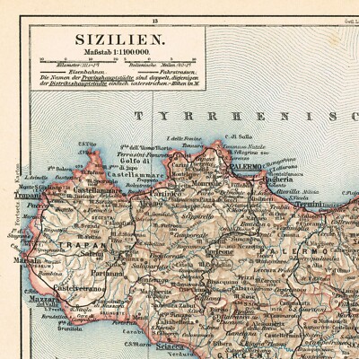 SICILY  ITALY Original Antique Map SICILIA 1900  Palermo Messina Syracusa