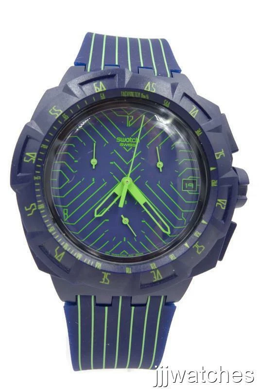 New Swiss Swatch FAST RUN Navy Blue Silicone Chronograph Watch 45mm SUIN401 120