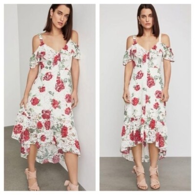 BCBGMaxAzria La Rosa Floral Print Lace Dress High Low off shoulder ruffle  xxs