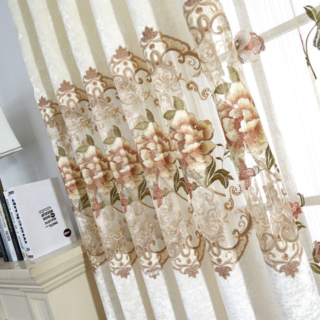 Elegant Embroidered Flora Sheer Curtain Beige Shading Cloth Window