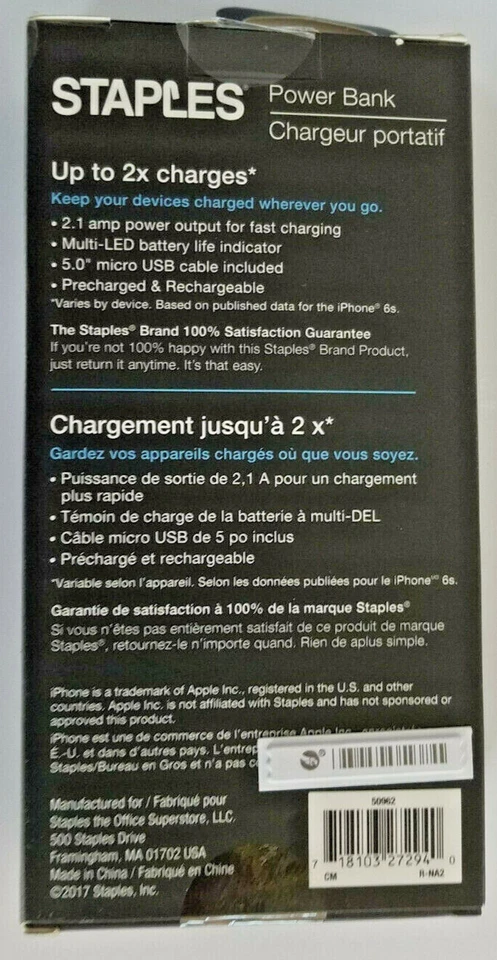 Genuíno Staples Power Bank 5200 mAh Novo em folha nunca aberto - Imagem 2 de 2