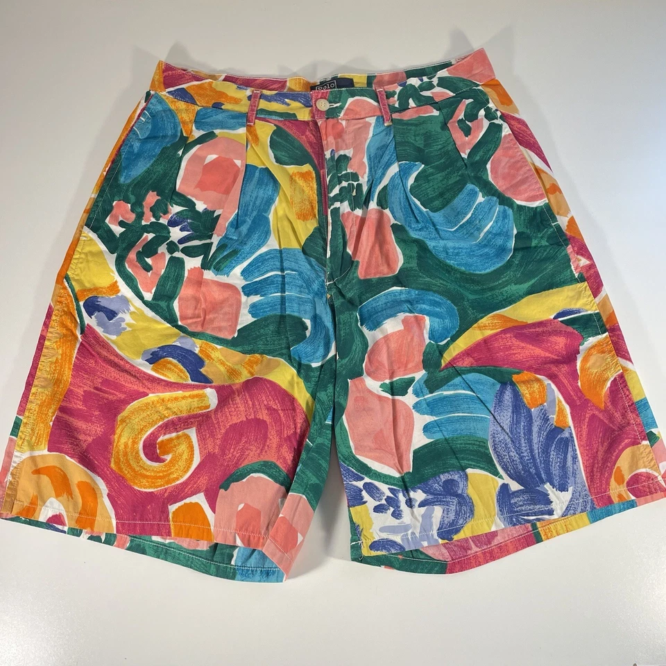 Pantalones Cortos De Colección Años 90 RARO Ralph Lauren Plisados Mamá Cintura Alta Floral Playa Para Mujer 32 Foto 2 de 4