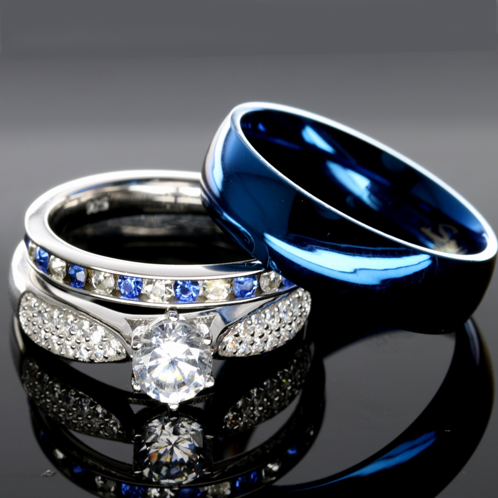 Kingsway Jewelry His & Hers Heart Ring Set - 925 Sterling Silver & Titanium, Cubic Zirconia, Matching Engagement & Wedding Bands
