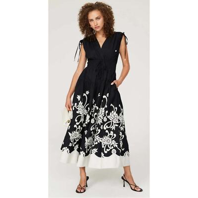 Rtr Sz 14 Derek Lam 10 Crosby Fama Schwarz Midi Geblümt Bestickt Kleid Tie Ärmel