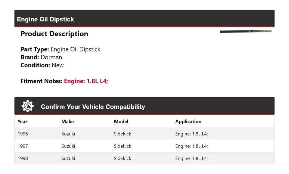 Varilla de medición de aceite de motor Dorman L4 1,8 L 1996-1998 Suzuki Sidekick 1997 Foto 2 de 4