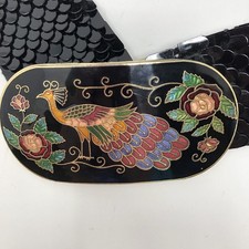 Womens Vintage Stretch Belt Cloisonne Peacock Buckle Black Fish Scale 1980's