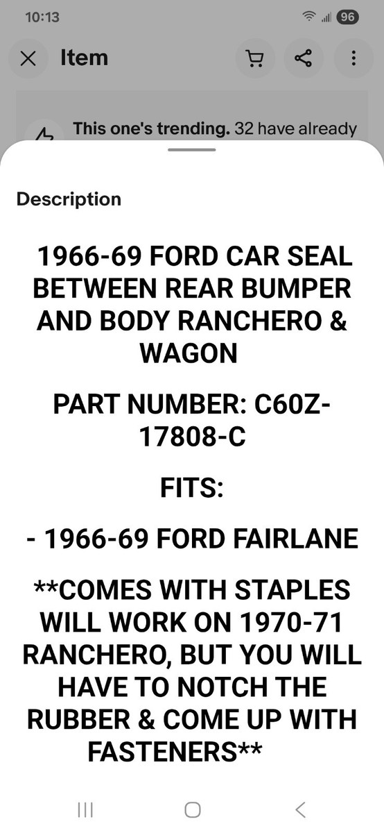 1966-69 FORD CAR SEAL BETWEEN REAR BUMPER AND BODY C60Z-17808-C