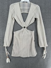 Mini Vestido Marfil Crochet Cuello en V XS Manga Larga Abullonada Borla Cuentas Recortado