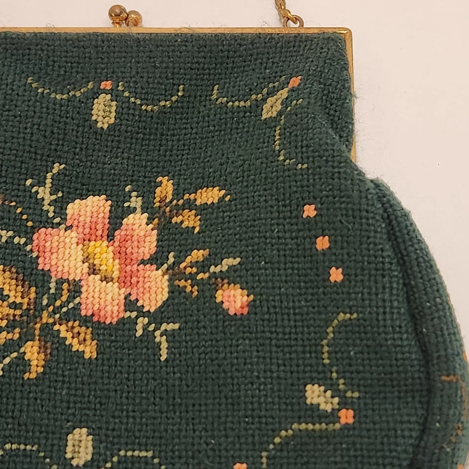 Bolso sin asas de colección Petit Point Needlepoint verde oscuro lana rosa floral abuela Foto 3 de 4
