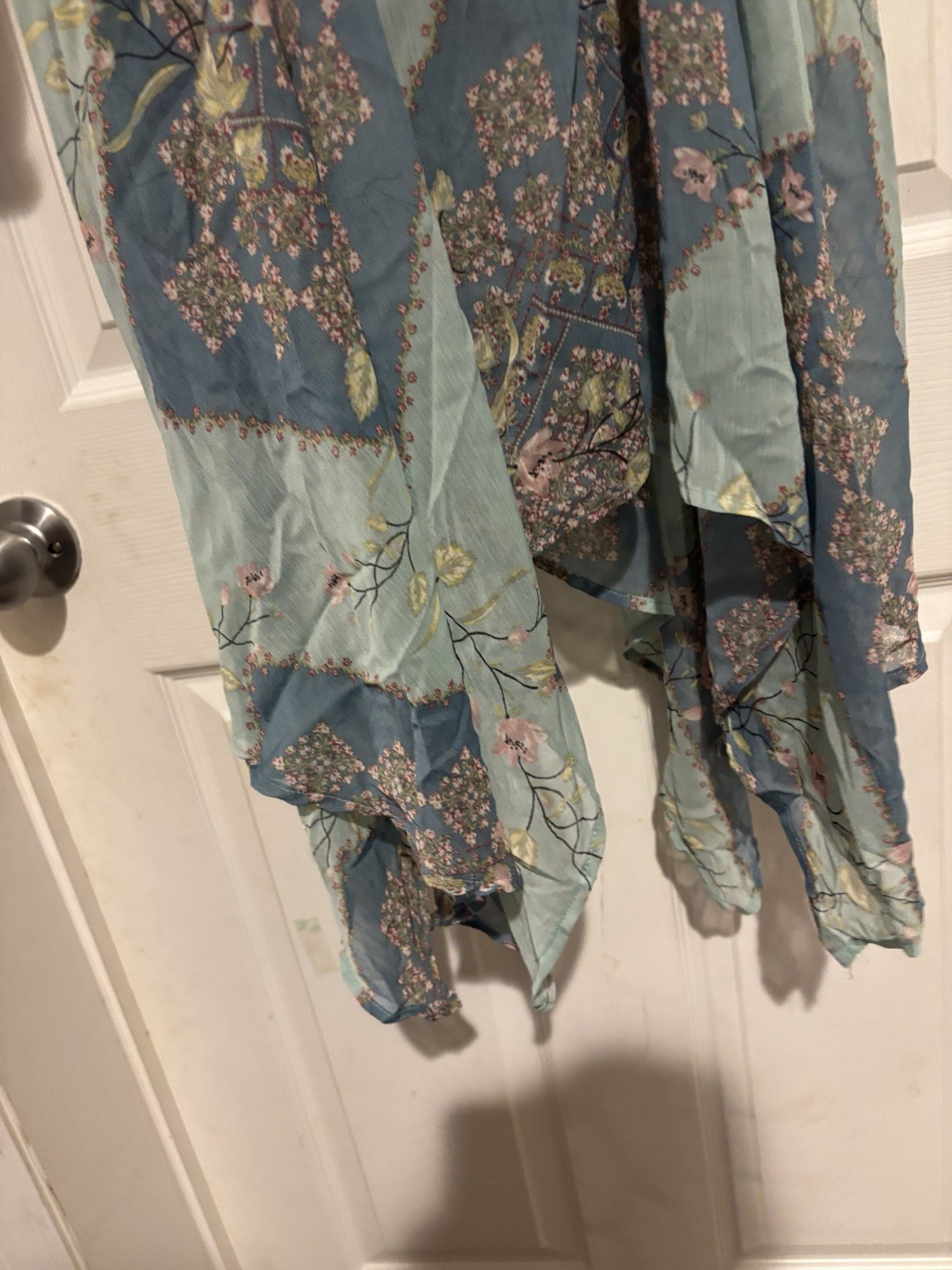 Wonderly Midi Dress Sheer Asymmetrical Hem Boho Flirty Blue Floral Medium