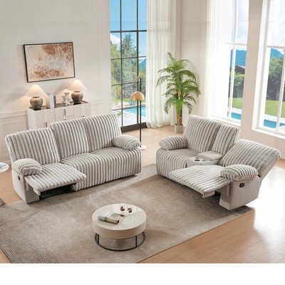 2PC Reclining Corduroy Sofa Set w Bluetooth Speaker Cup Holders Storage
