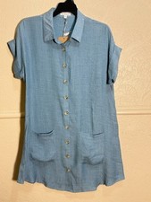 Blu Pepper Button Down Shirt Dress Blue Crinkle Fabric Coverup Pockets Medium