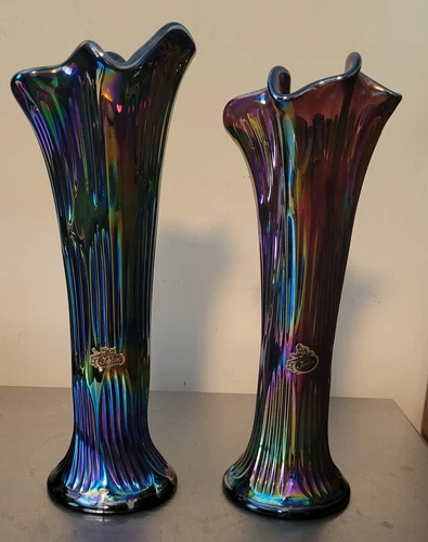 1 Pair Vintage Fenton Iridescent Blue Carnival Glass Vases 11.25" & 10.75"