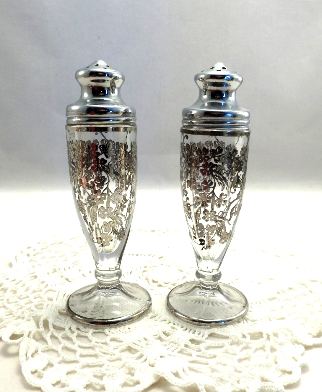 Vintage Glass Sterling Silver Overlay Floral Pattern Salt and Pepper Shaker Set