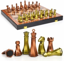 Elegant Metal Chess Set - 15" Marbled Wooden Board - Modern Metal Chess Pieces