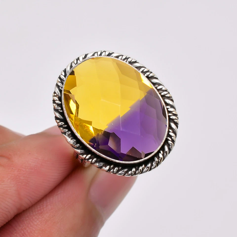 Elegante anillo de plata de ley 925 maciza con piedras preciosas de ametrino, joyería vintage V7752 Foto 2 de 4