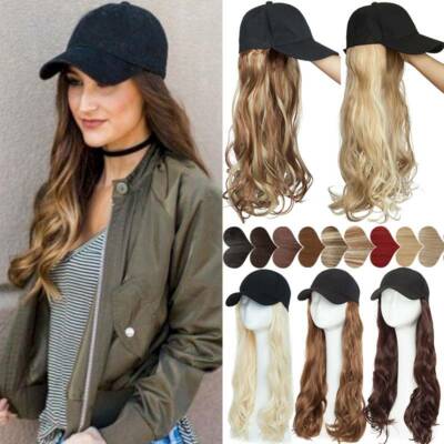 Baseball Hat Cap & Hair Full Head Natural Cover Hair Extensions Wavy Curly Fake