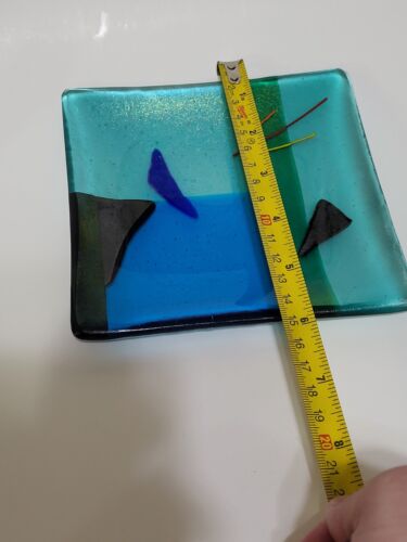 Gaya Studio Art Glass Square Trinket Dish Plate Green Blue Mid Century Modern - Picture 6 of 11