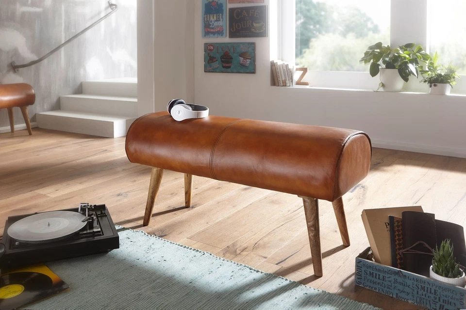 Banco de asiento FineBuy cuero auténtico 100 cm Springbock banco de cuero banco de pasillo caballete de gimnasia banco - Imagen 2 de 4