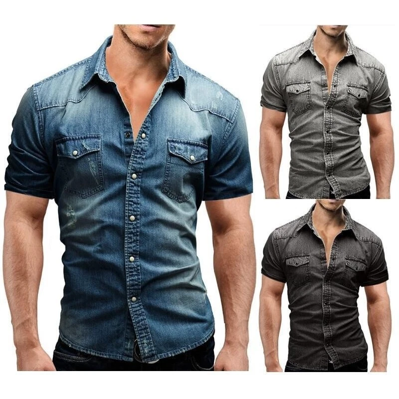 Mens Denim Shirts Short Sleeve Luxury Casual Slim Washed Cotton Multicolor Shirt - Image 2 of 4