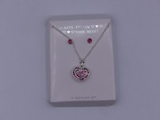 ALWAYS FOLLOW YOUR HEART NECKLACE PINK RHINESTONE HEART PENDANT W/ MATCHING EARR