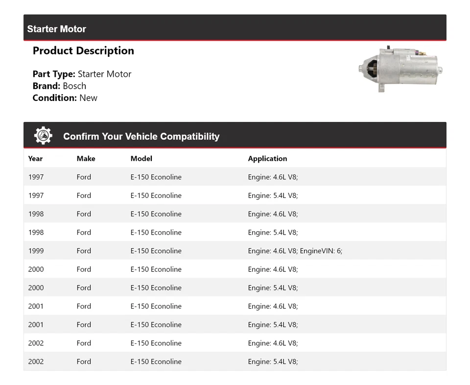 Motor De Arranque Bosch Econoline 1997-2002 Ford E-150 (Nuevo) 1998 1999 2000 2001 Foto 2 de 4