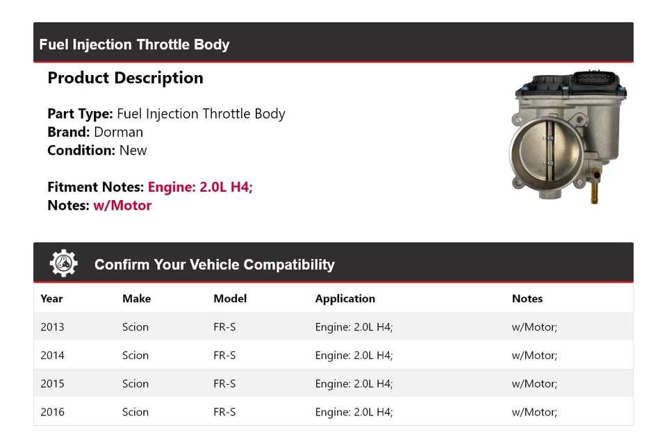 Cuerpo de acelerador de inyección de combustible Dorman 2,0 L Scion FR-S 2013-2016 2014 2015 Foto 2 de 4