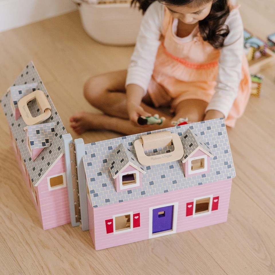 Fold and Go Wooden Dollhouse With 2 Dolls and Wooden Furniture eBay