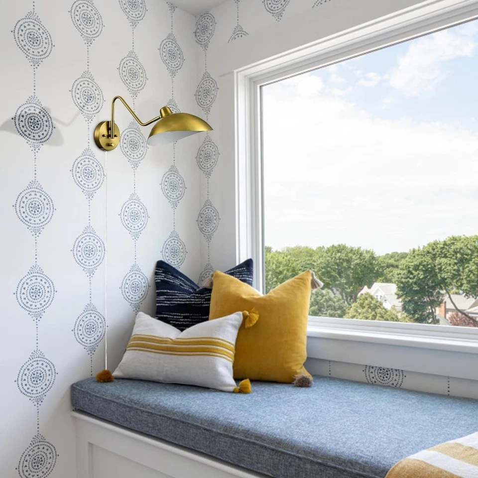 Aplique de pared enchufable dorado brazo oscilante aplique de pared lámpara de pared de latón con interruptor de encendido/apagado... Foto 3 de 4