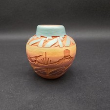 Navajo Clay Pottery Jar Vase Etched and Signed Made in USA Mini 3"