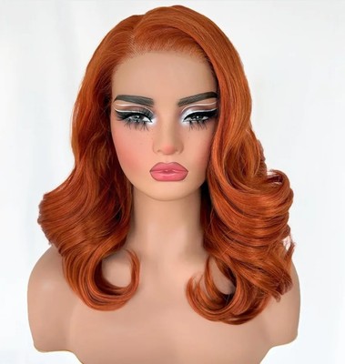 Long HD Transparent Lace Front Wig Auburn Red Red Blonde Human Hair Wavy Curls