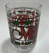 Vtg Merry Christmas Stained  Glass Low Ball Tumbler 12 oz Holidays Holly Barware