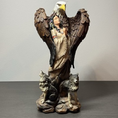 11  Native American Woman Eagle Wings 2 Wolves Praying Resin Figurine