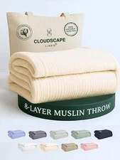 Cloud Scape Linen Extra Large 8 Layer Muslin Throw Blanket - 100% Cotton Gauz...