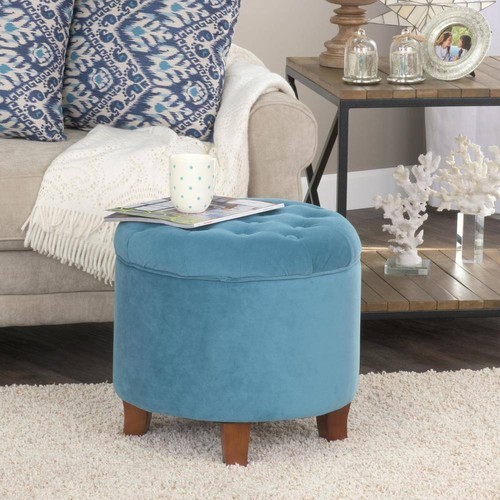 Homepop Ottoman 19" x 18" x 19" Velvet Tufted Cushion Round Teal w/ Storage - Picture 10 of 10