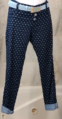 Carmito fashion low Rise skinny jeans pants Belted Blue dots 42/S