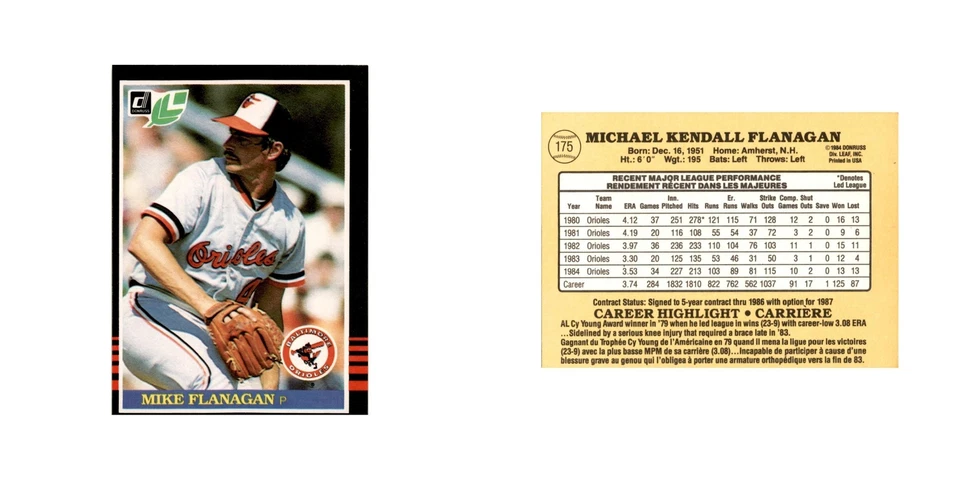 Mike Flanagan 1985 Leaf #175 Baltimore Orioles Baseball Card NM - Image 3 of 3